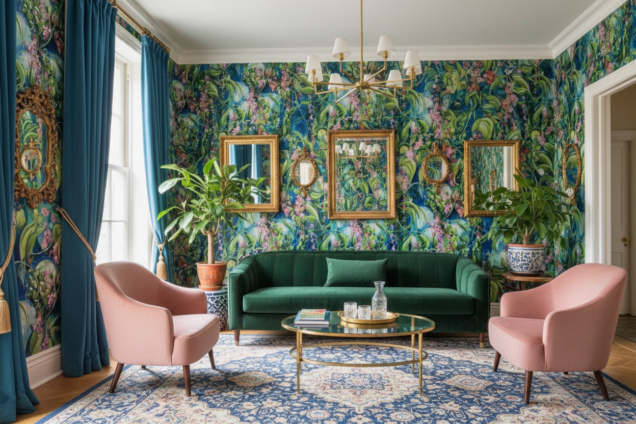Eclectic luxury room with botanical art wallpaper