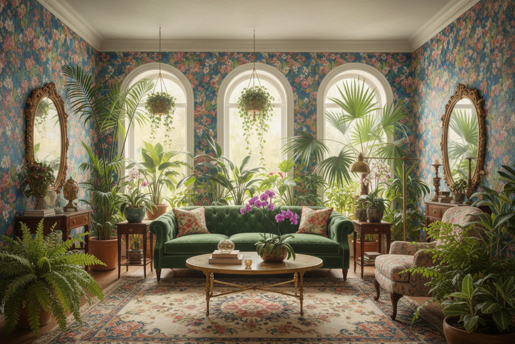 Colin's Garden floral wallpaper in a dreamy garden room full of plants