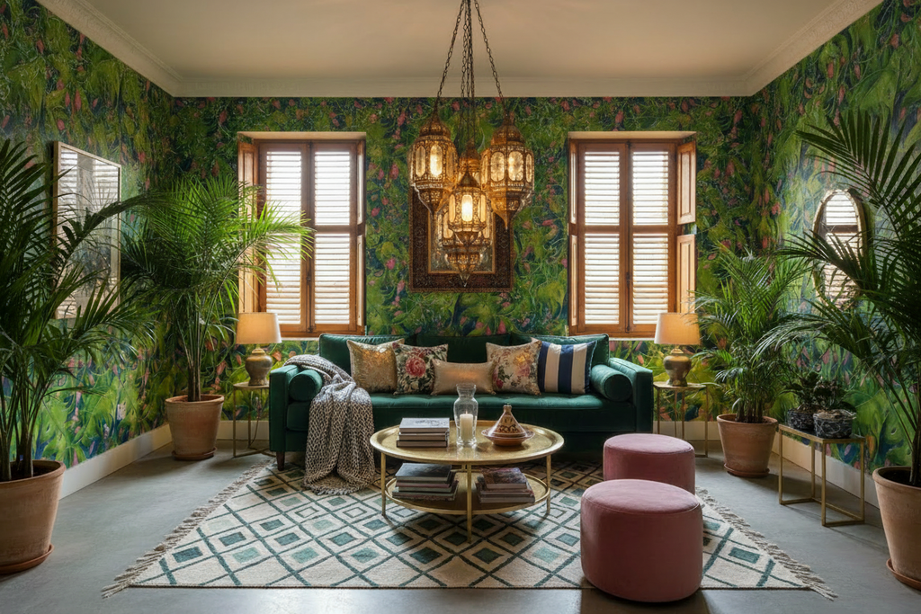 That Lady's Garden Pt 1 wallpaper in a Moroccan-inspired living room