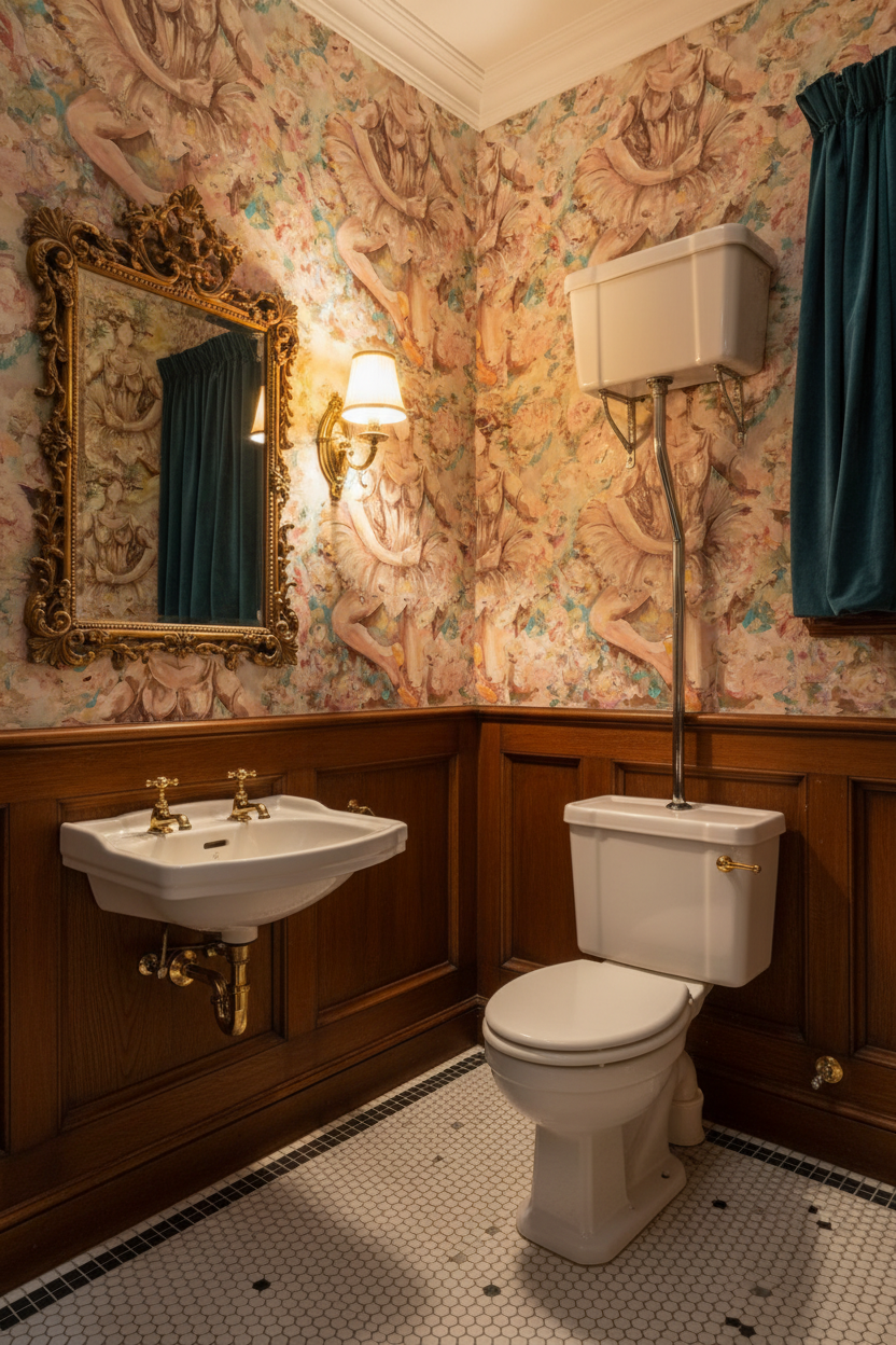 Charlotte – ballet dancer rose pattern as wallpaper in an ornate Victorian cloakroom with Thomas Crapper high-level cistern