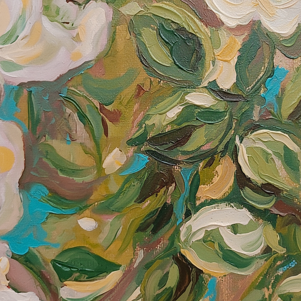 Daphne du Pré – leaves and teal background close-up detail, oil on canvas