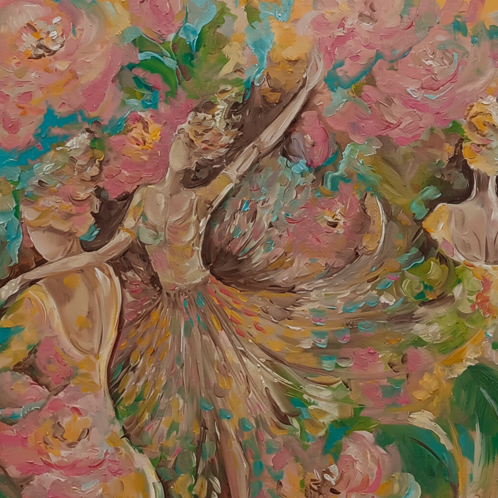 Brompton Peonies – dancer and peony close-up detail, oil on canvas