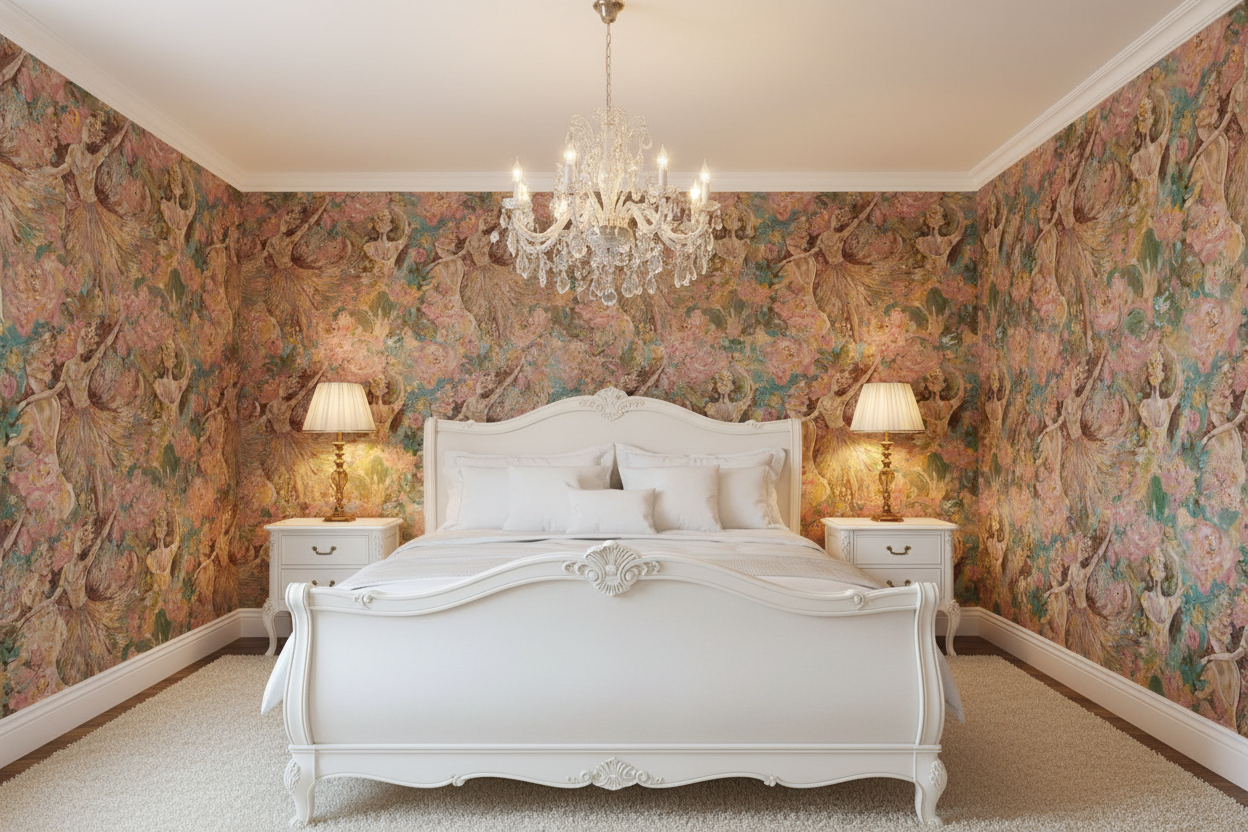 Brompton Peonies – repeat pattern wallpaper covering all walls in a romantic bedroom with crystal chandelier