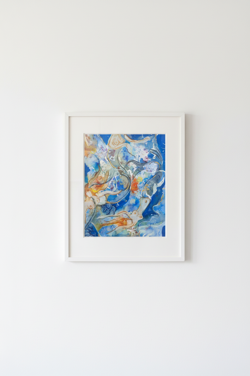 A3 mermaid painting gallery wall mockup in white frame