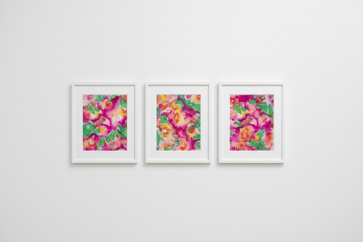 Summer Garden trio gallery wall mockup showing three framed watercolour paintings