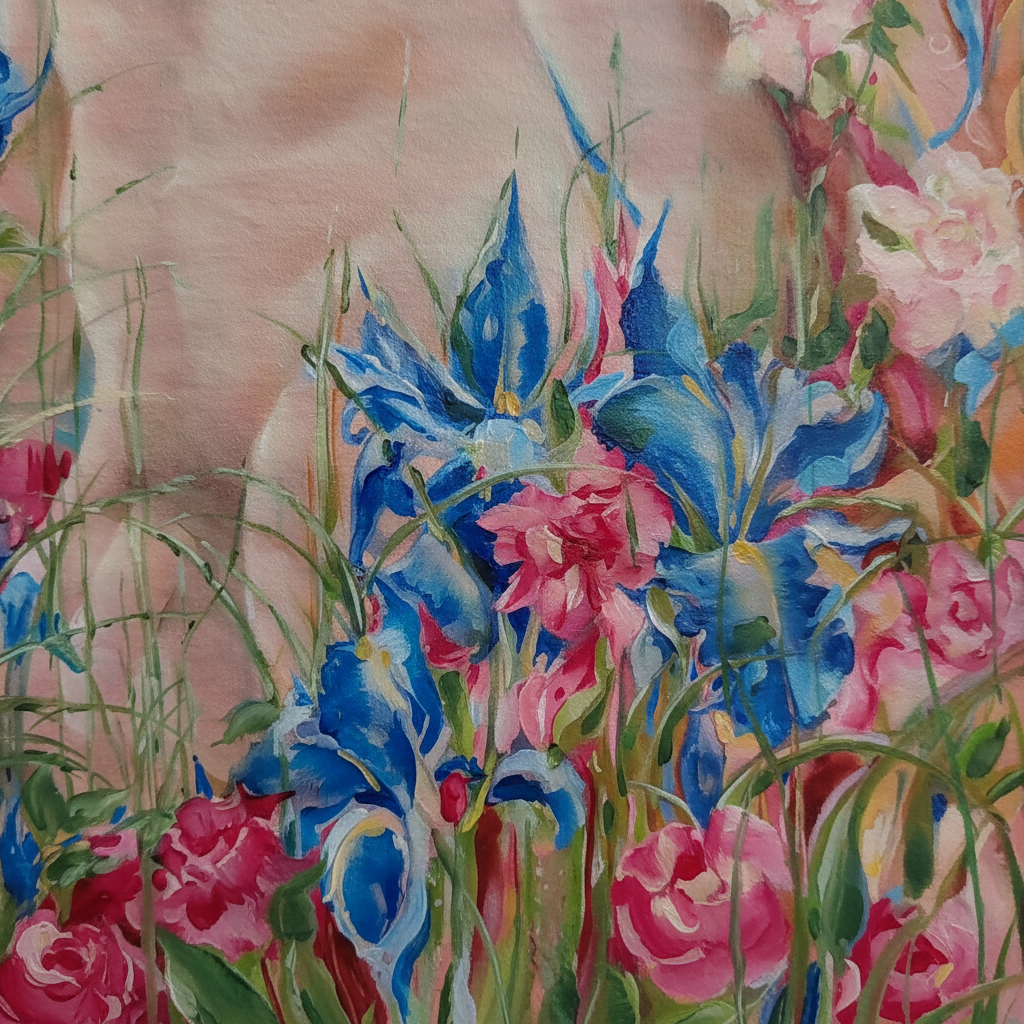 The Gardener — detail of irises and roses brushwork