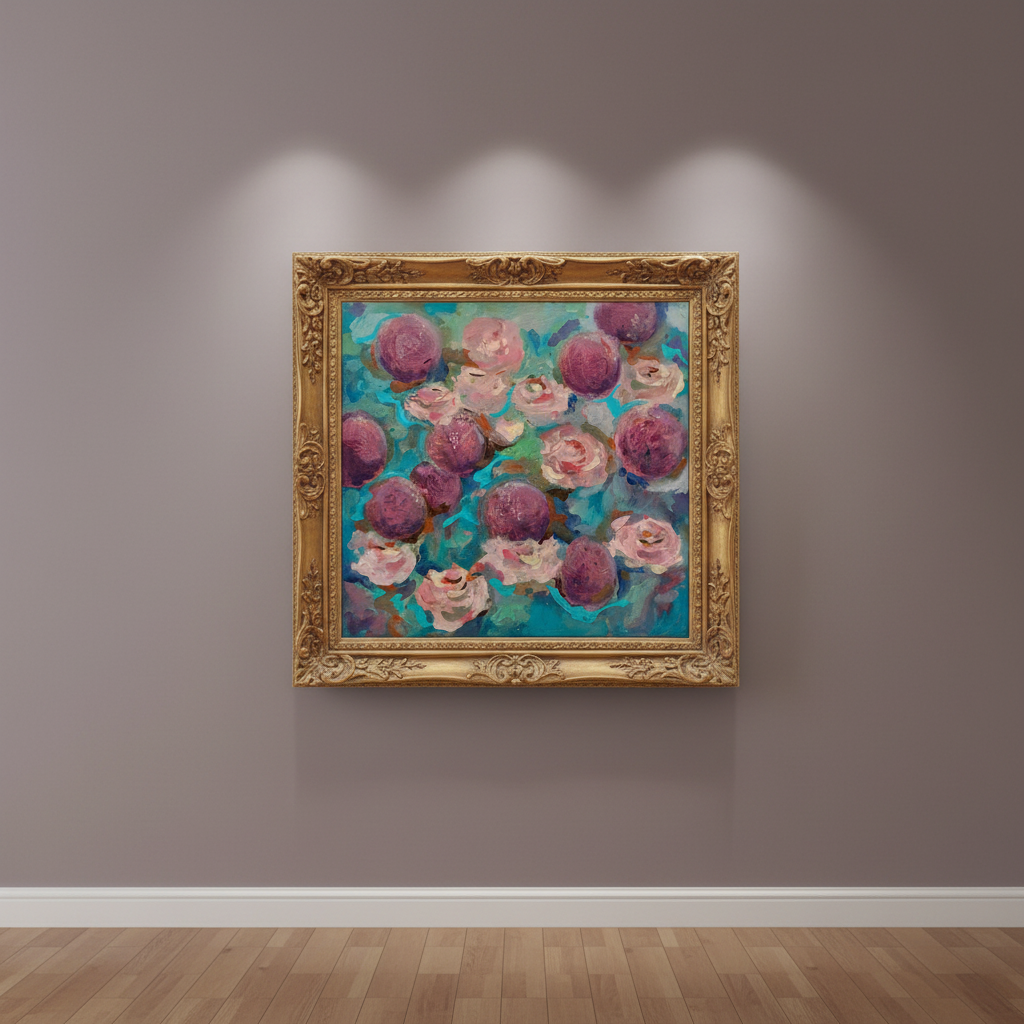 Alliums – displayed in a gold gilt frame on a dusty lilac gallery wall