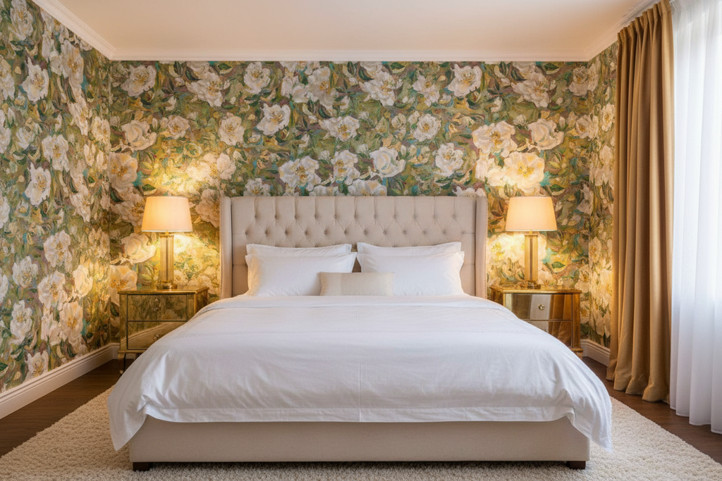 Daphne du Pré – rose pattern as wallpaper in a luxurious romantic bedroom