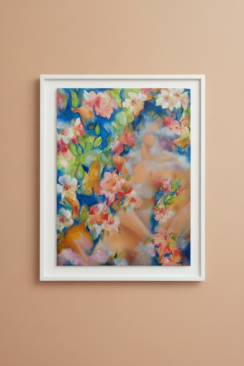 Colin's Garden — white frame on pale orange wall