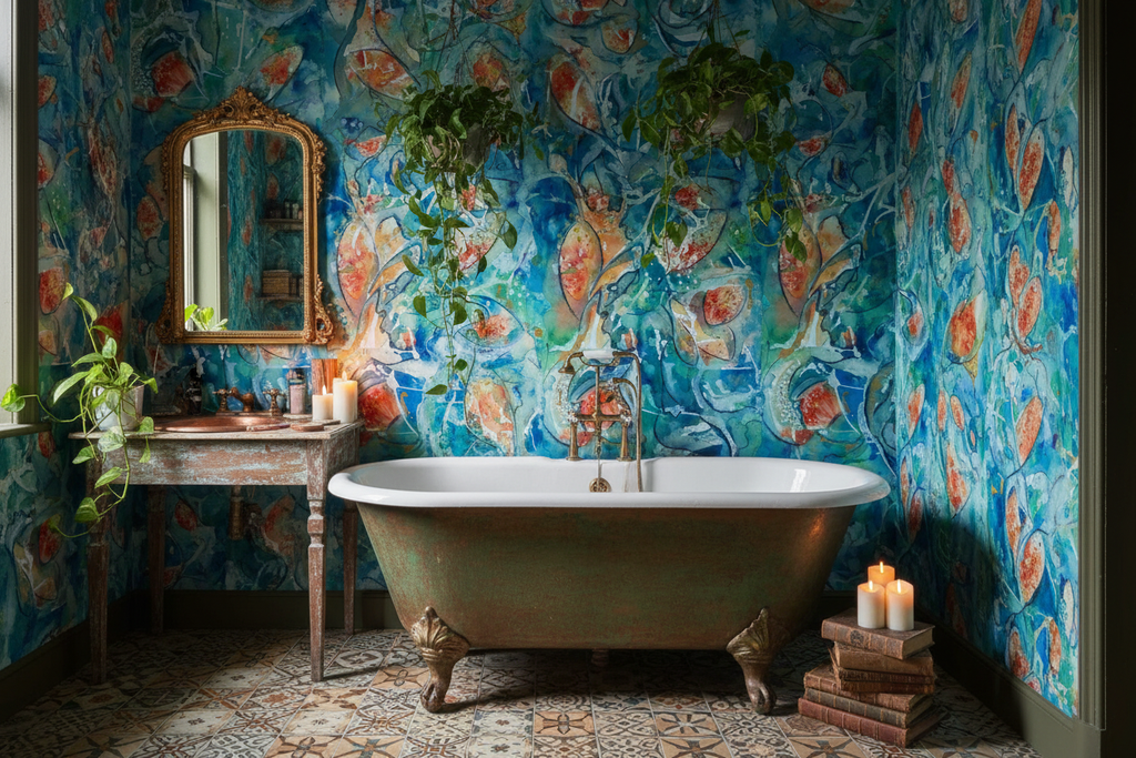 Little Fishies koi wallpaper in a quirky bathroom with copper roll-top bath