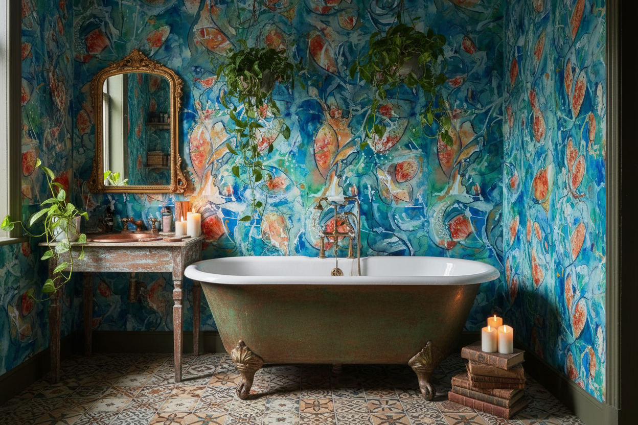 Little Fishies koi wallpaper in a quirky bathroom with copper roll-top bath