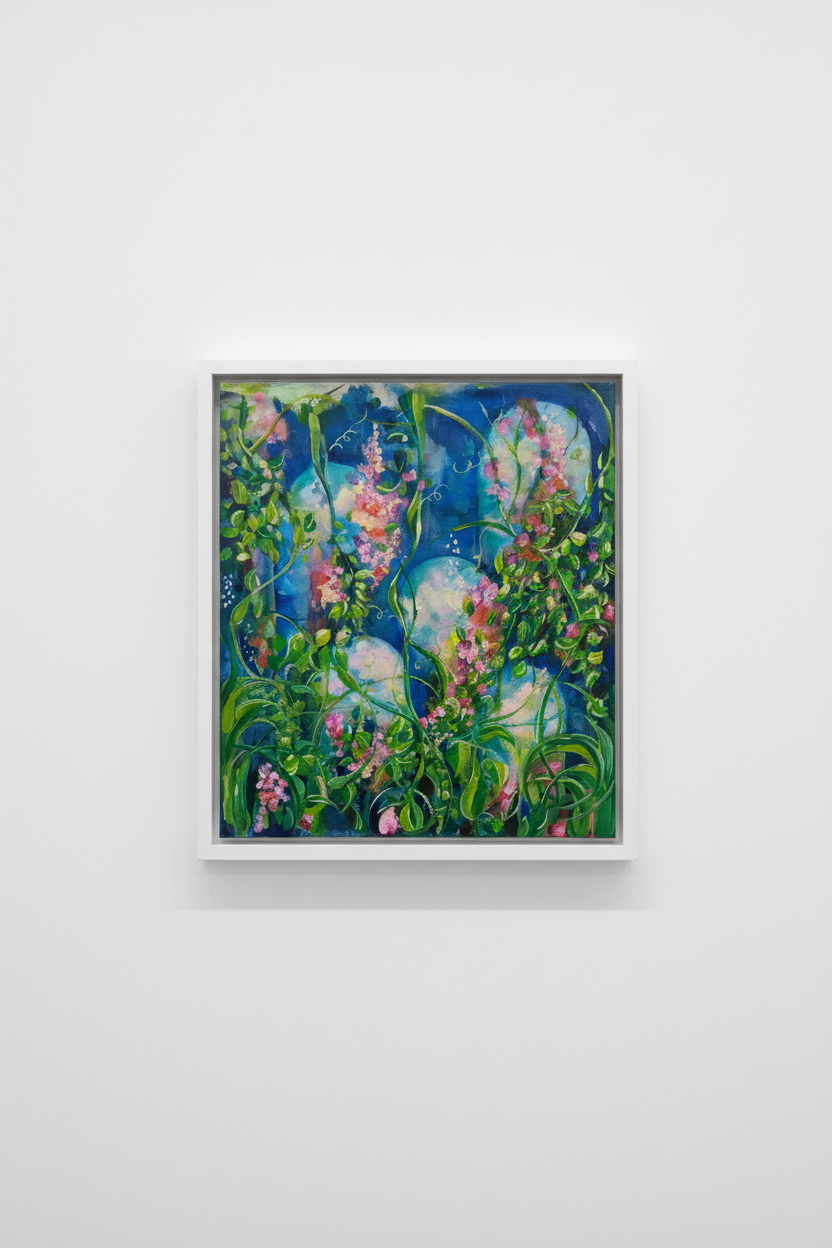 Painting gallery wall mockup in white frame, no mat