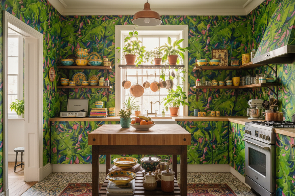 Pink Elephant monstera wallpaper in a tropical kitchen
