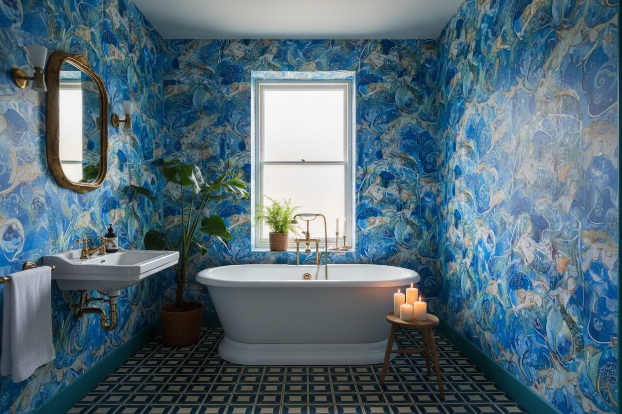 Busty Mermaids wallpaper in a quirky bathroom with roll-top bath