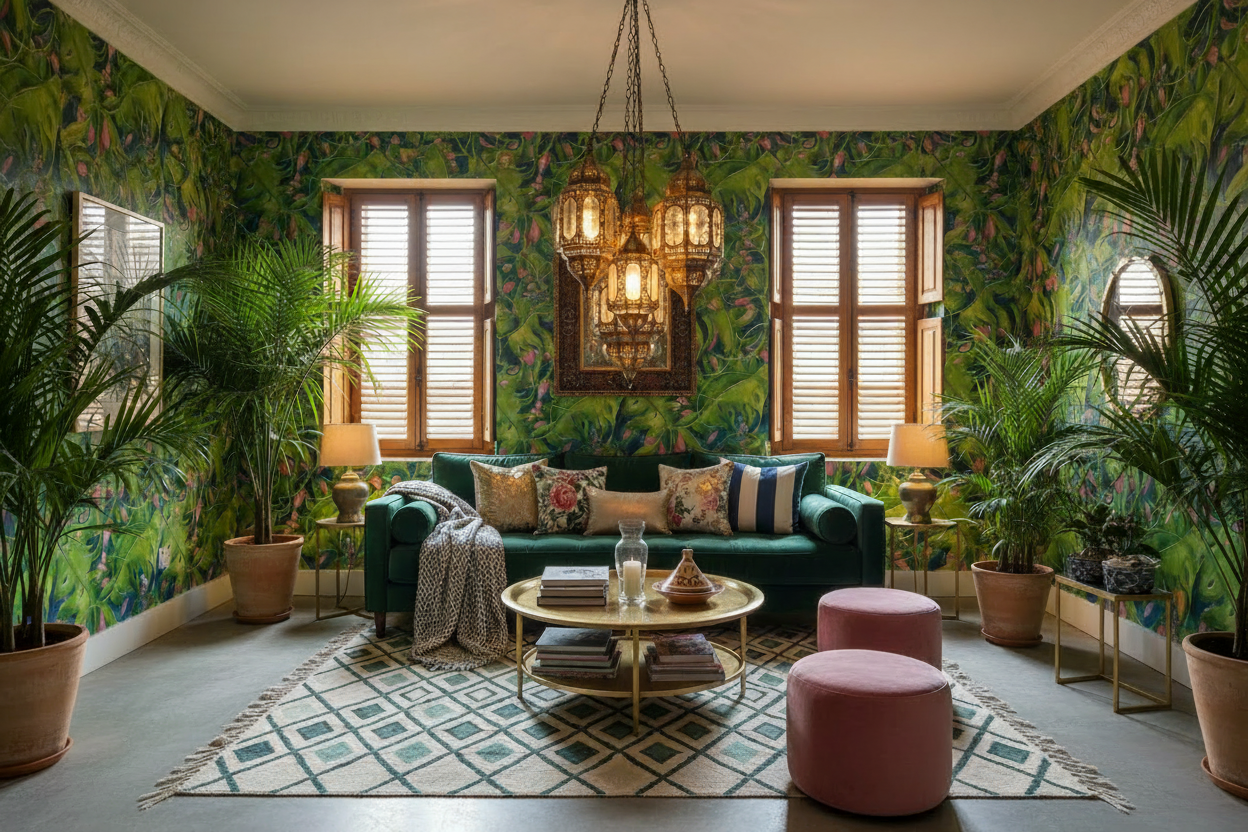 That Lady's Garden wallpaper in a Moroccan-inspired living room