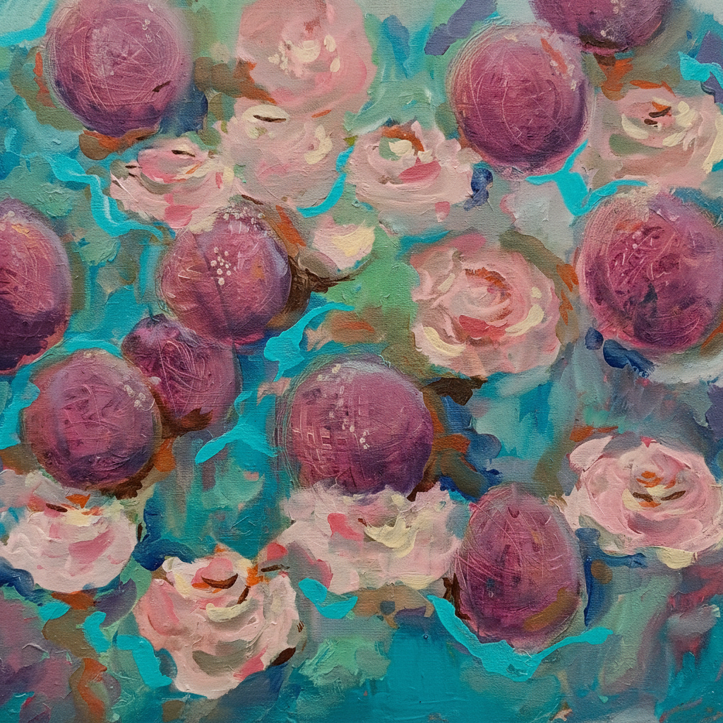 Alliums – allium globe close-up detail, oil on canvas