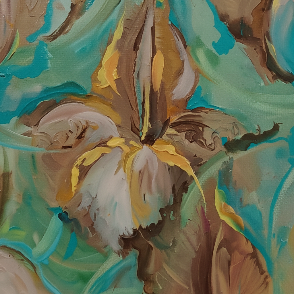 Golden Iris – iris bloom close-up detail, oil on canvas