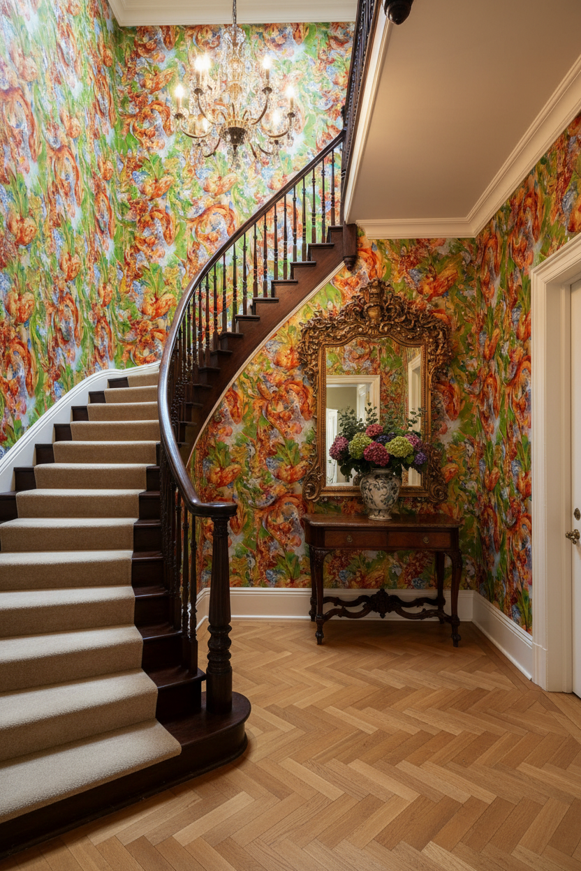Yves Fish koi wallpaper in a grand entrance hallway with staircase