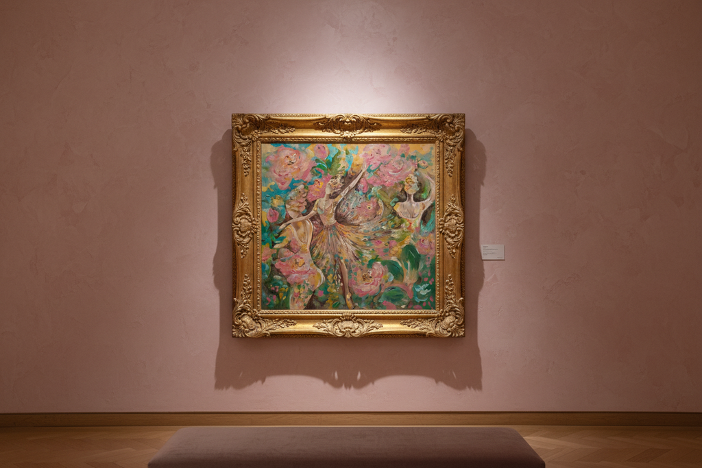 Brompton Peonies – displayed in a gold gilt frame on a dusty pink gallery wall