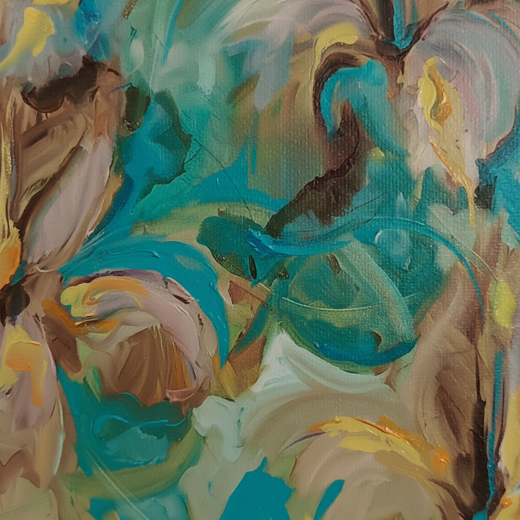 Golden Iris – swirling teal background detail, oil on canvas