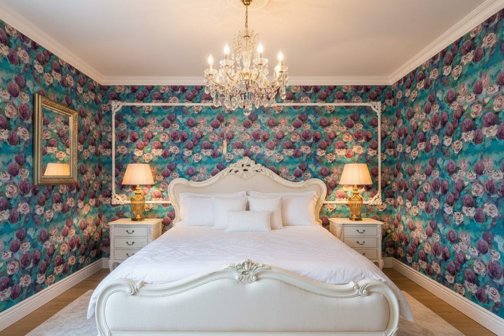 Alliums – repeat pattern wallpaper covering all walls in a glamorous bedroom with crystal chandelier and white French furniture