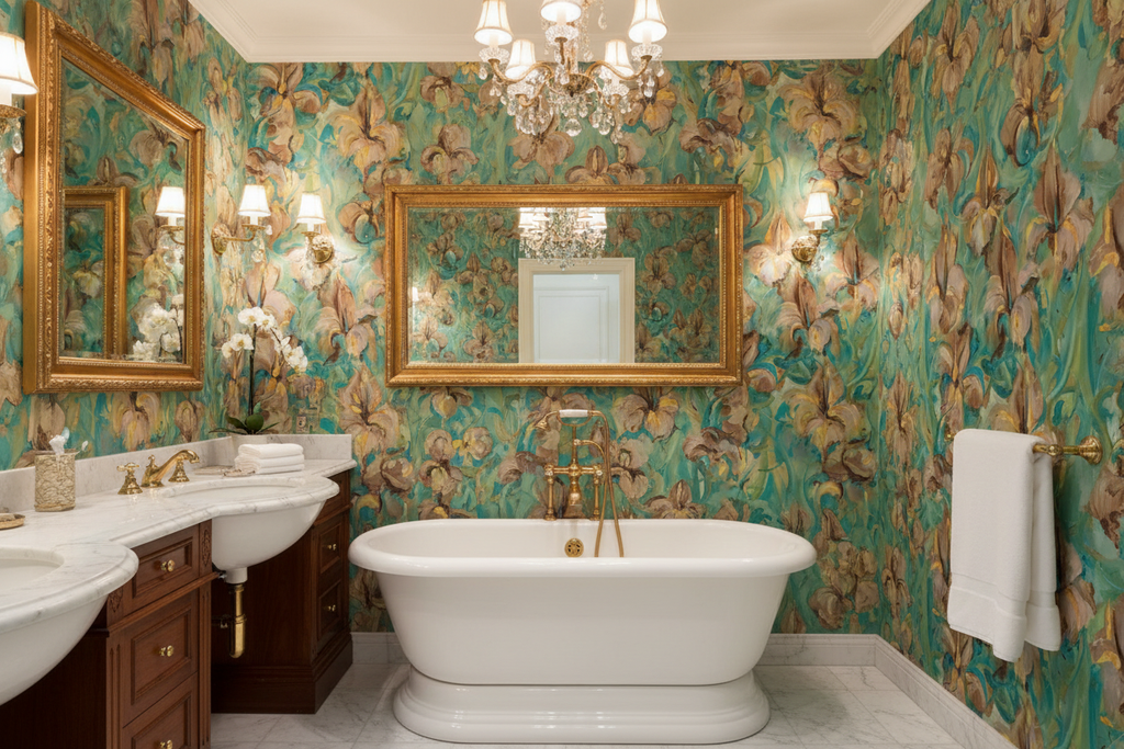 Golden Iris – iris pattern as wallpaper in a luxurious bathroom with roll-top bath and gold fixtures