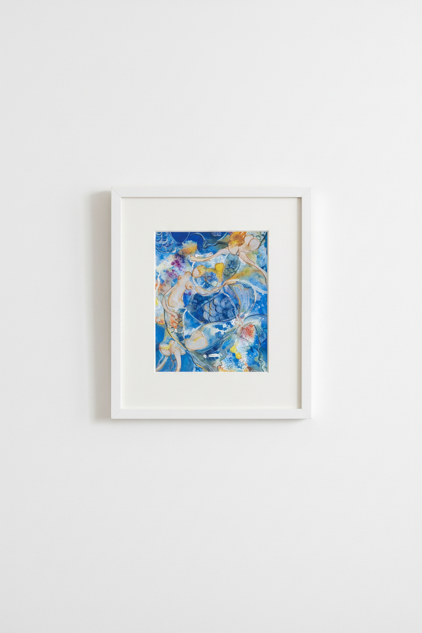 A3 mermaid painting gallery wall mockup in white frame