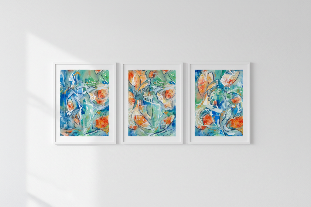 Triptych of three koi fish paintings
